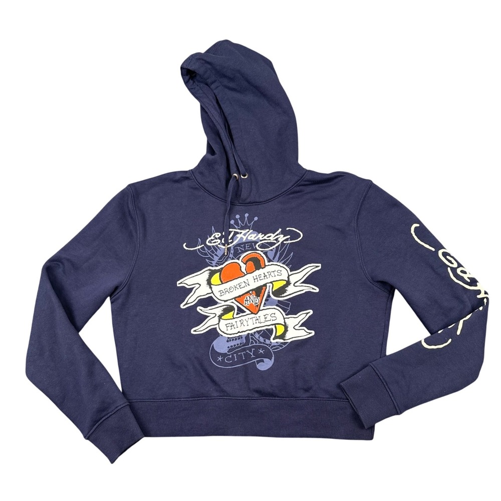 Ed Hardy Cropped Hoodie Womens Medium Y2K Broken Hearts And Fairytales Graphic